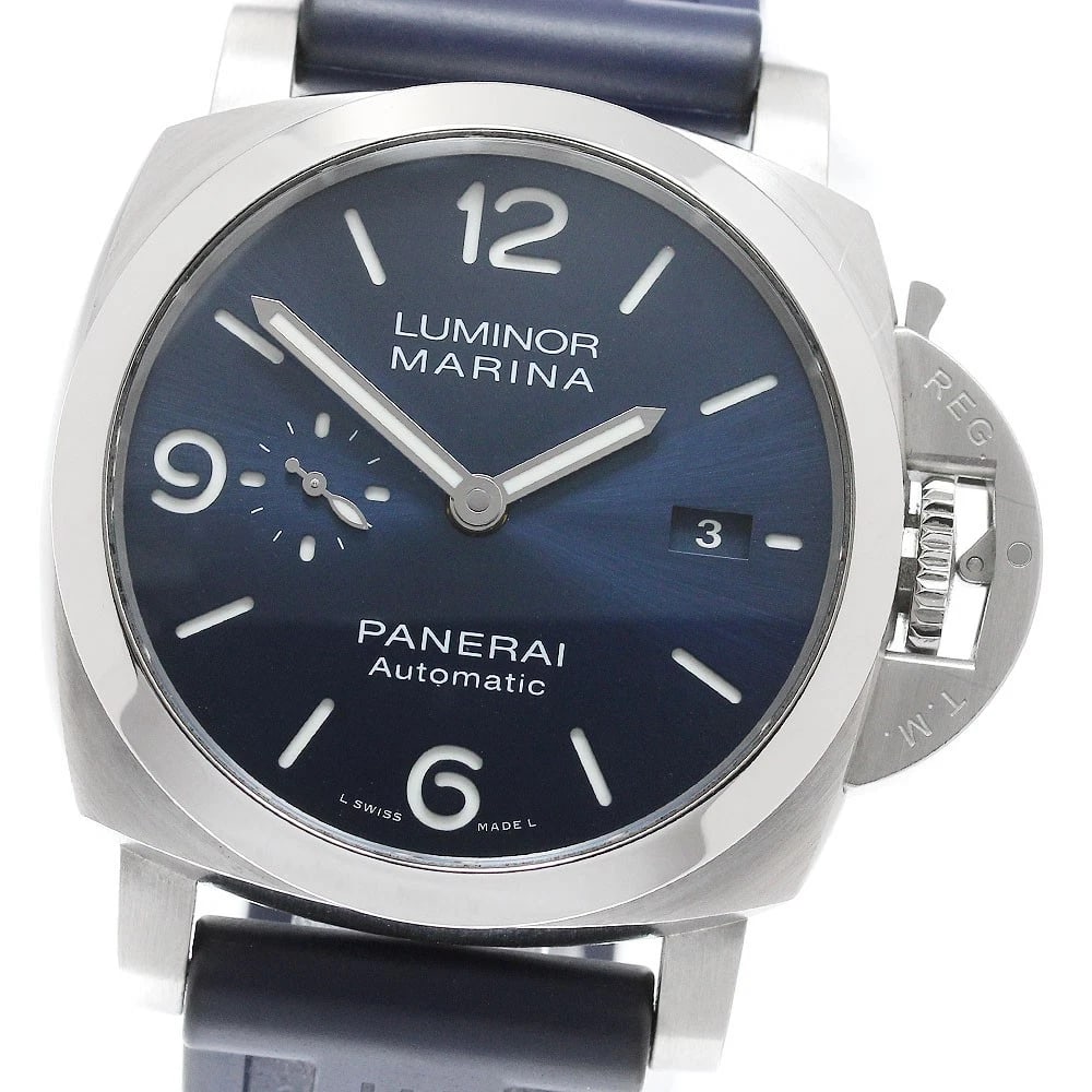 PANERAI LUMINOR MARINA ACHAIO DATE AUTOMATIC WATCH: PANERAI Luminor Marina Achaio Date Automatic Watch Brand: PANERAI Type/Style: Wristwatch Material: Band Material rubber, Case Material Stainless Steel Color: Dial Color Navy Size: Case Size About44mm 