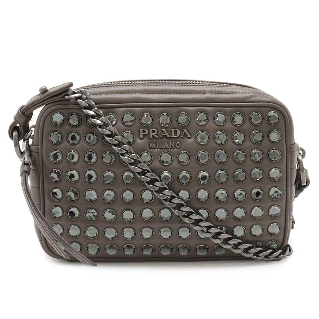 PRADA VITELLO PHENIX RHINESTONE SHOULDER BAG/CLUTCH BAG, LEATHER: PRADA VITELLO PHENIX Rhinestone Shoulder Bag/Clutch Bag, Leather Brand: Prada Type/Style: Clutch bag, Shoulder bag Material: Leather Color: Grayish Size: (HxWxD) 13.5cm x 21.5cm x 6.5cm / 5.31'' x 8.4