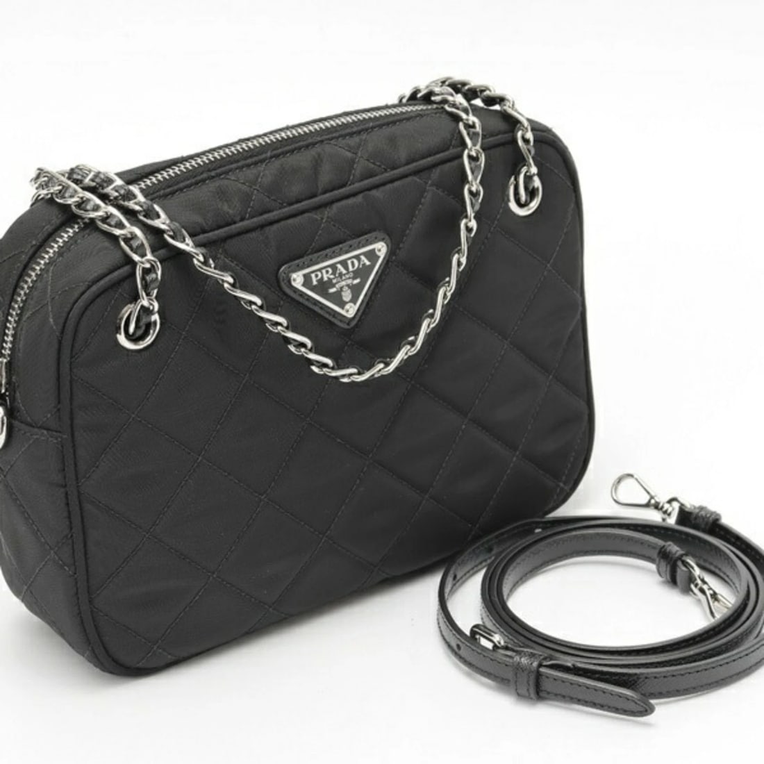 PRADA CHAIN SHOULDER BAG, QUILTED NYLON, BLACK: Prada chain shoulder bag, quilted nylon, black Brand: Prada Type/Style: Shoulder bag Material: Nylon Color: Black Size: (HxWxD) 14cm x 21cm x 6cm / 5.51'' x 8.26'' x 2.36'' Accessories: None <