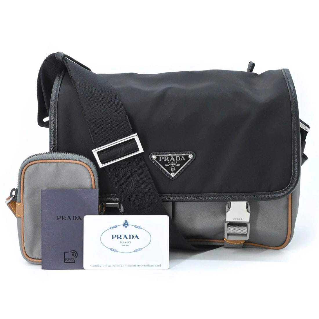 PRADA TESSUTO RE-NYLON TRIANGLE SHOULDER BAG, BLACK, GRAY, BROWN: PRADA Tessuto Re-Nylon Triangle Shoulder Bag, Black, Gray, Brown Brand: Prada Type/Style: Shoulder bag Material: Nylon , Leather Color: Black, Gray brown Size: (HxWxD) 20cm x 26cm x 10cm / 7.87'' x 10