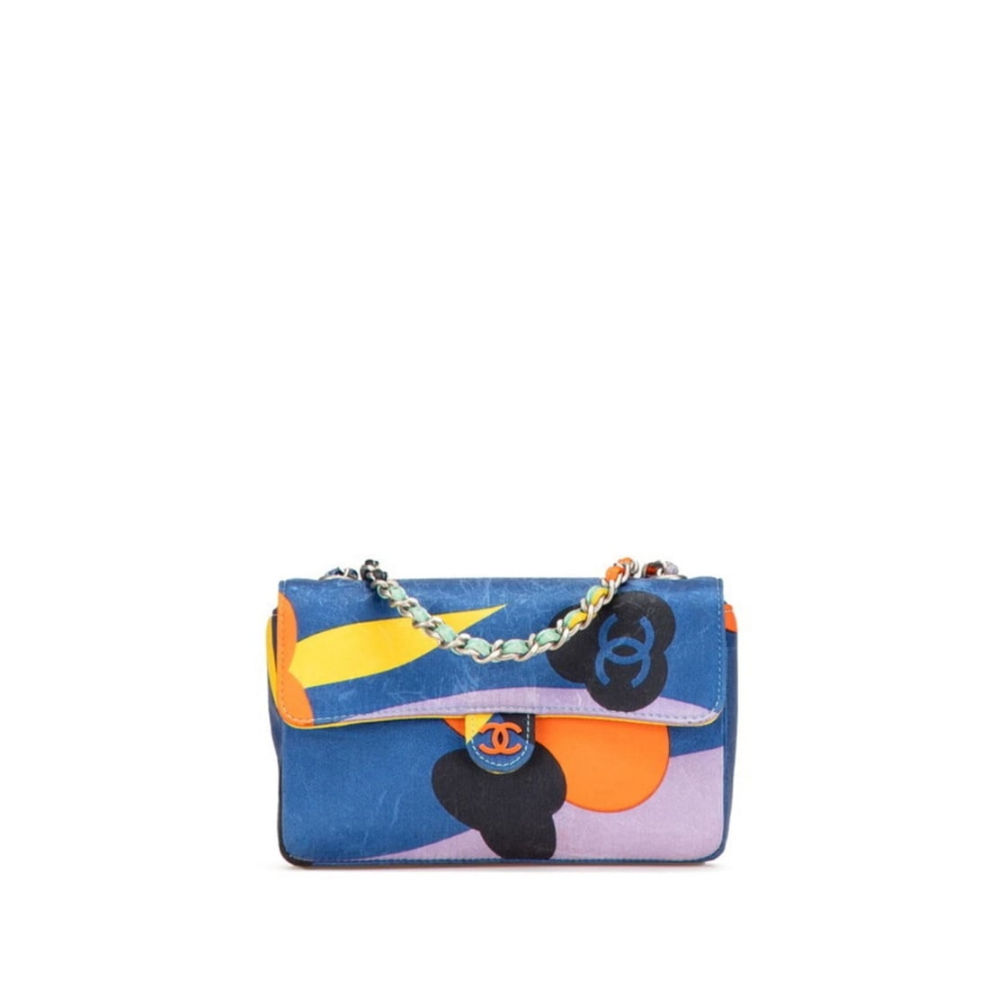 CHANEL COCO MARK PRINT MINI CHAIN SHOULDER BAG IN BLUE MULTICOLOR: Chanel Coco Mark Print Mini Chain Shoulder Bag in Blue Multicolor Brand: Chanel Type/Style: Shoulder bag Material: Satin Color: Blue, Multi-color Size: (HxWxD) 9.5cm x 15cm x 3cm / 3.74'' x 5.9'' x 1.