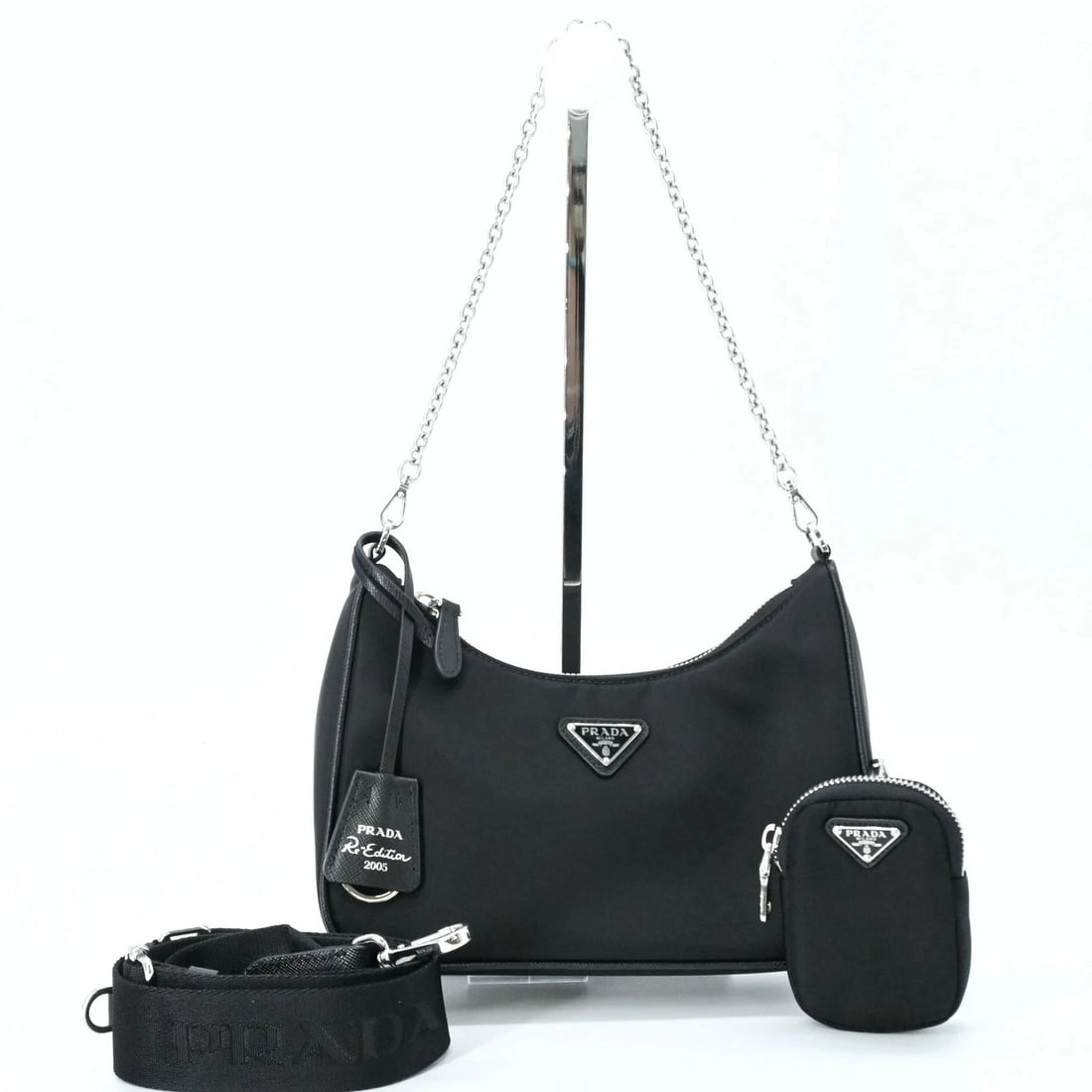 PRADA NYLON LEATHER SHOULDER HANDBAG FOR WOMEN, BLACK (1 of 12)