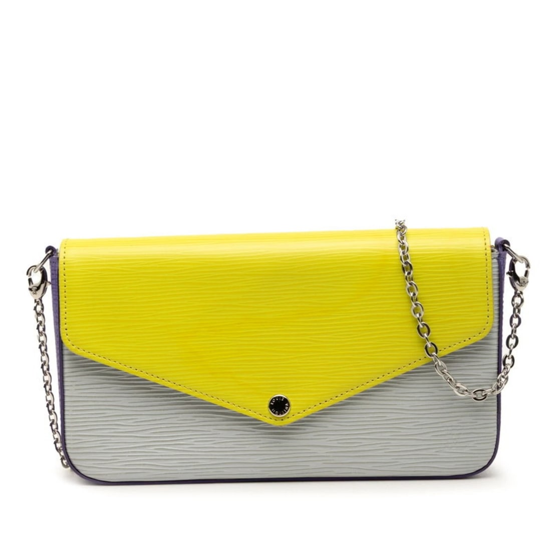 LOUIS VUITTON EPI POCHETTE FELICIE CHAIN WALLET SHOULDER BAG: Louis Vuitton Epi Pochette Felicie Chain Wallet Shoulder Bag Brand: Louis Vuitton Type/Style: Pochette Material: Leather Color: Gray,Purple,Yellow Size: (HxWxD)12.5cm x 21cm x 3cm / 4.92'' x 8.26'' x 