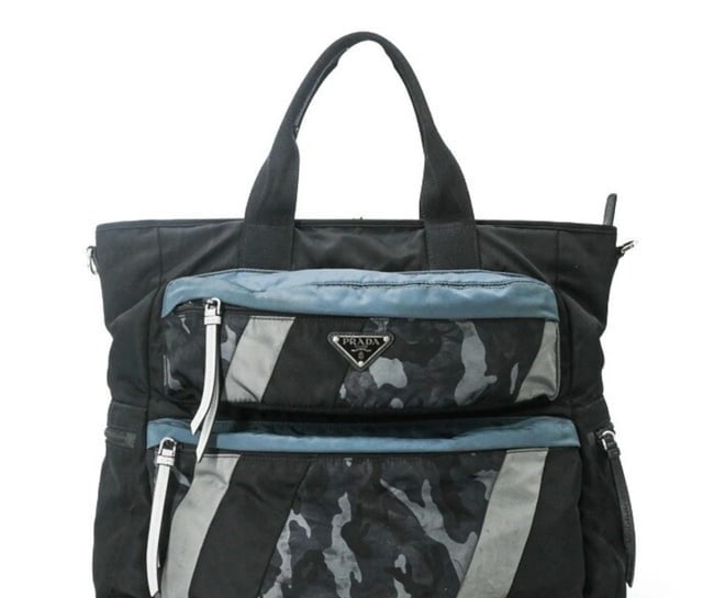 PRADA TESSUTO NYLON TOTE BAG, CAMOUFLAGE HANDBAG, CANVAS: PRADA Tessuto Nylon Tote Bag, Camouflage Handbag, Canvas Brand: Prada Type/Style: Handbag, Tote bag Material: Canvas Color: Black,Blue Size: (HxWxD)35cm x 42cm x 18cm / 13.77'' x 16.53'' x 7.08''