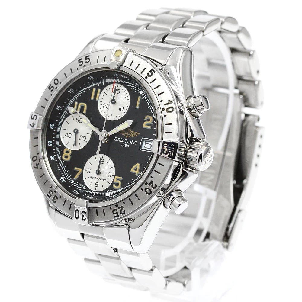 BREITLING CHRONOGRAPH BLACK AUTOMATIC WATCH: BREITLING Chronograph black Automatic Watch Brand: BREITLING Type/Style: Wristwatch Material: Band Material Stainless Steel, Case Material Stainless Steel Color: Dial Color black Band Color Silver