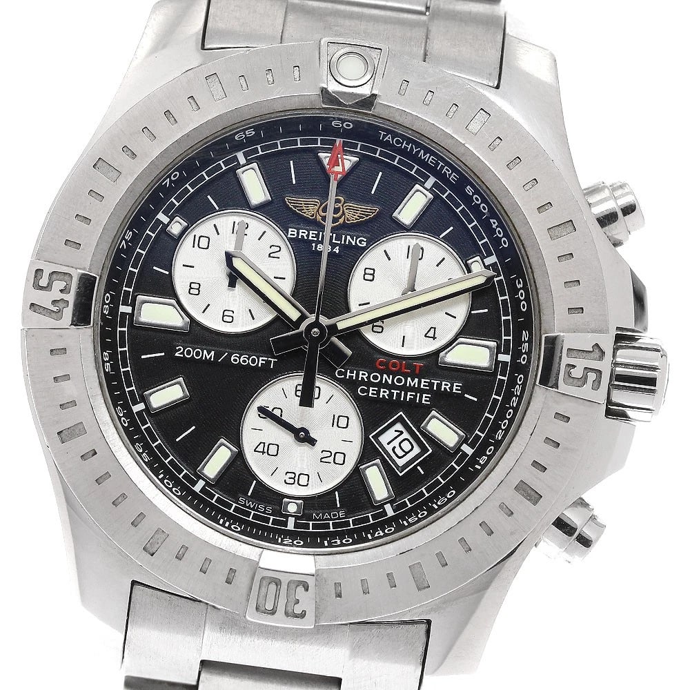 BREITLING CHRONOGRAPH BLACK QUARTZ WATCH: BREITLING Chronograph Black Quartz Watch Brand: BREITLING Type/Style: Wristwatch Material: Band Material Stainless Steel, Case Material Stainless Steel Color: Dial Color black Band Color Silver Case C