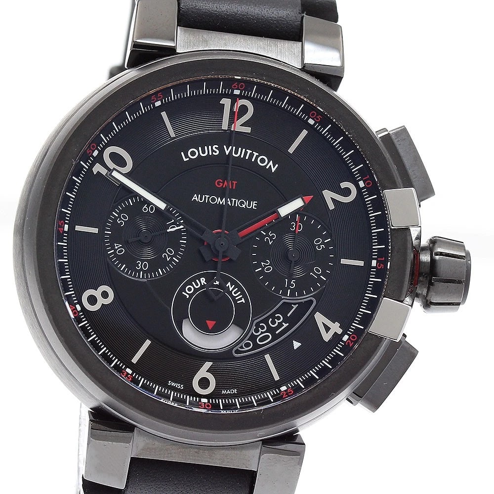 LOUIS VUITTON TAMBOUR CHRONOGRAPH AUTOMATIC WATCH: LOUIS VUITTON Tambour chronograph Automatic Watch Brand: LOUIS VUITTON Type/Style: Wristwatch Material: Band Material Rubber / leather, Case Material Stainless Steel Color: Dial Color black Band