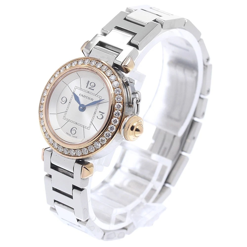CARTIER 18K ROSE GOLD DIAMOND BEZEL QUARTZ WATCH: CARTIER 18K rose gold diamond bezel Quartz Watch Brand: CARTIER Type/Style: Wristwatch Material: Band Material Stainless Steel, Case Material Stainless Steel/K18PG Color: Dial Color Silver Band Color