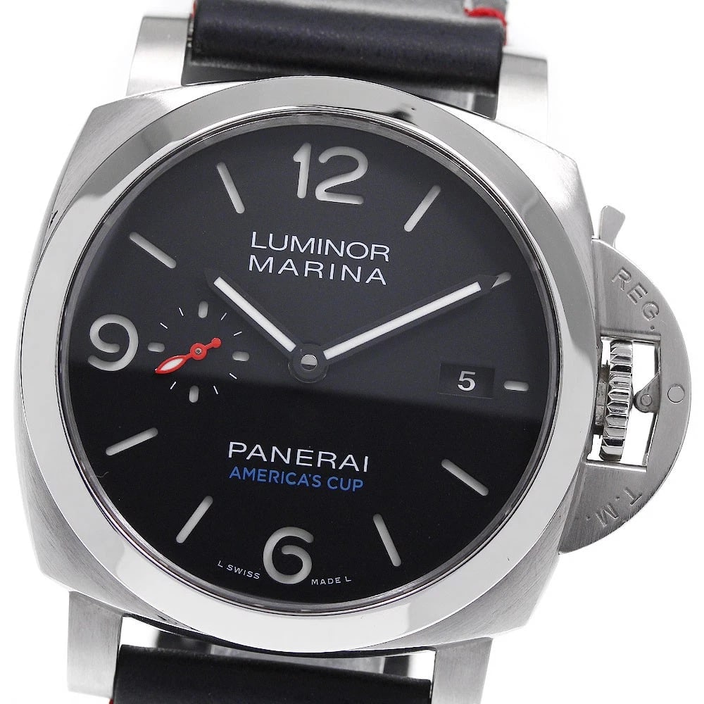 PANERAI LUMINOR MARINA WATCH: PANERAI Luminor Marina Watch Brand: PANERAI Type/Style: Wristwatch Material: Band Material leather, Case Material Stainless Steel Color: Dial Color black Band Color black Case Color Silver Size: Case