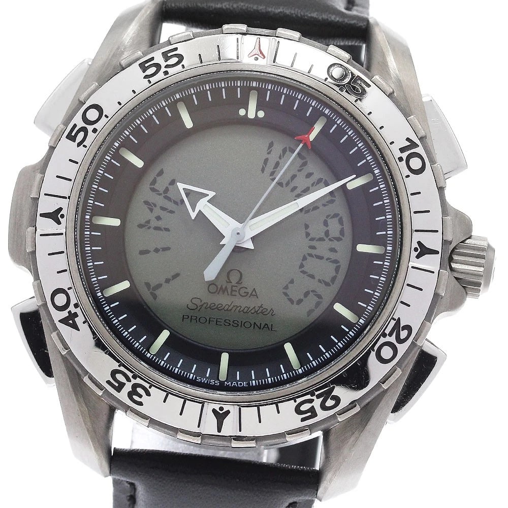 OMEGA SPEEDMASTER PROFESSIONAL WATCH: OMEGA Speedmaster Professional Watch Brand: OMEGA Type/Style: Wristwatch Material: Band Material leather, Case Material titanium Color: Case Color Silver Band Color black Dial Color liquid crystal