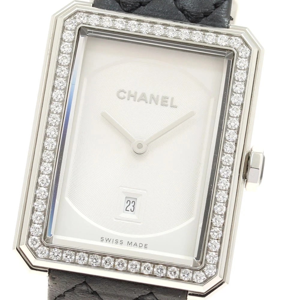 CHANEL DIAMOND BEZEL SILVER QUARTZ WATCH: CHANEL diamond bezel Silver Quartz Watch Brand: CHANEL Type/Style: Wristwatch Material: Band Material leather, Case Material Stainless Steel Color: Dial Color Silver Band Color black Case Color Silver