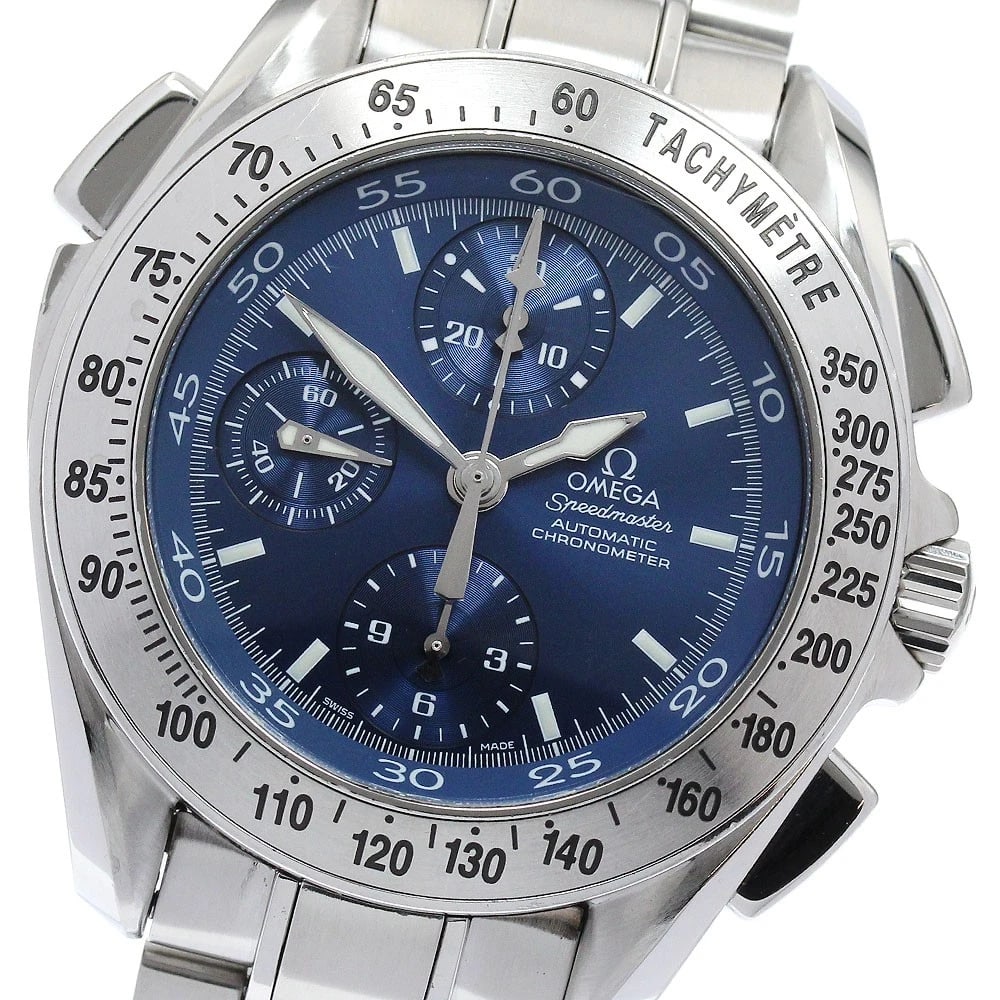 OMEGA SPEEDMASTER CHRONOGRAPH AUTOMATIC WATCH: OMEGA Speedmaster Chronograph Automatic Watch Brand: OMEGA Type/Style: Wristwatch Material: Stainless Steel, Stainless Steel Color: Dial Color blue Band Color Silver Case Color Silver Size: Case size