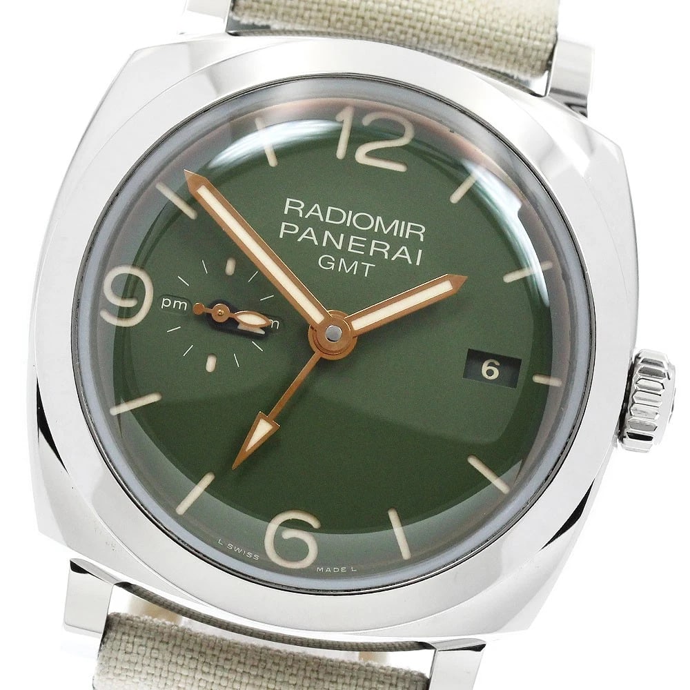 PANERAI RADIOMIR GREEN AUTOMATIC WATCH: PANERAI Radiomir Green Automatic Watch Brand: PANERAI Type/Style: Wristwatch Material: Band Material Nylon, Case Material Stainless Steel Color: Dial Color green Band Color Beige / green Case Color
