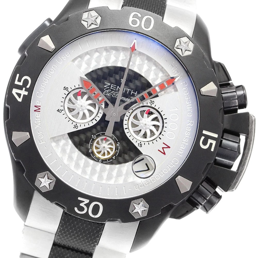 ZENITH DEFY CHRONOGRAPH AUTOMATIC WATCH: ZENITH Defy Chronograph Automatic Watch Brand: ZENITH Type/Style: Wristwatch Material: Band Material Rubber / titanium, Case Material titanium Color: Dial Color Black / Silver Band Color Black /