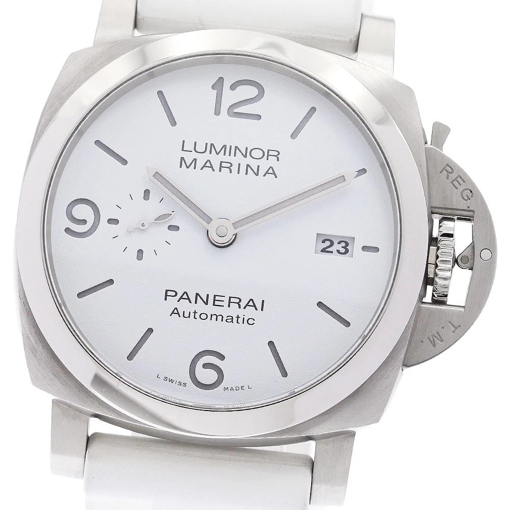 PANERAI LUMINOR MARINA AUTOMATIC WATCH: PANERAI Luminor Marina Automatic Watch Brand: PANERAI Type/Style: Wristwatch Material: Band Material rubber, Case Material Stainless Steel Color: Case Color Silver Band Color white Dial Color white