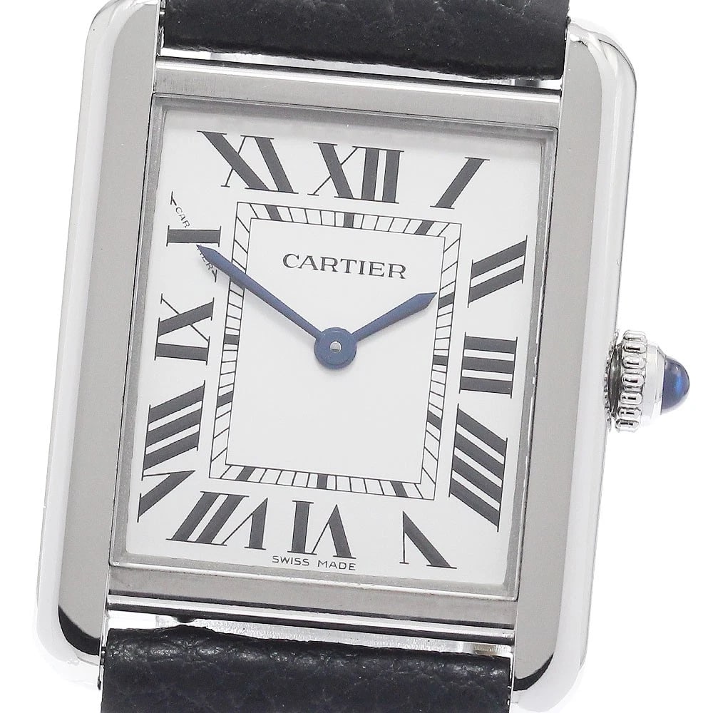 CARTIER TANK SOLO SILVER QUARTZ WATCH: CARTIER Tank solo Silver Quartz Watch Brand: CARTIER Type/Style: Wristwatch Material: leather, Stainless Steel Color: Case Color Silver Band Color black Dial Color Silver Size: Case size About 24mm (0