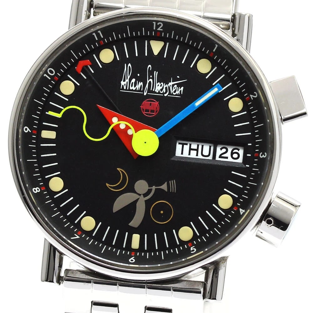ALAIN SILBERSTEIN DATE AUTOMATIC WATCH: Alain Silberstein date Automatic Watch Brand: Alain Silberstein Type/Style: Wristwatch Material: Band Material Stainless Steel, Case Material Stainless Steel Color: Dial Color black Band Color Silver 
