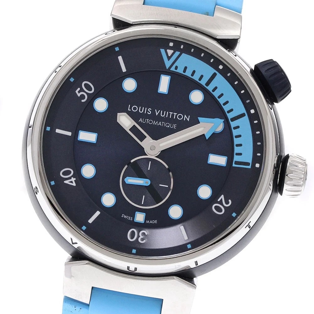 LOUIS VUITTON TAMBOUR NAVY AUTOMATIC WATCH: LOUIS VUITTON Tambour Navy Automatic Watch Brand: LOUIS VUITTON Type/Style: Wristwatch Material: Band Material rubber, Case Material Stainless Steel Color: Case Color Silver / navy Band Color Light bl