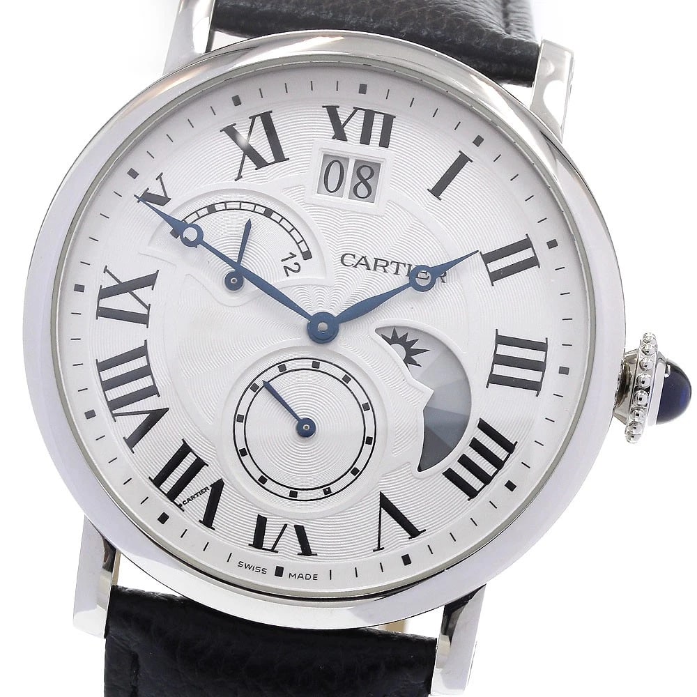 CARTIER ROTONDO GRAND DATE AUTOMATIC WATCH: CARTIER Rotondo Grand date Automatic Watch Brand: CARTIER Type/Style: Wristwatch Material: Band Material leather, Case Material Stainless Steel Color: Case Color Silver Band Color black Dial Color