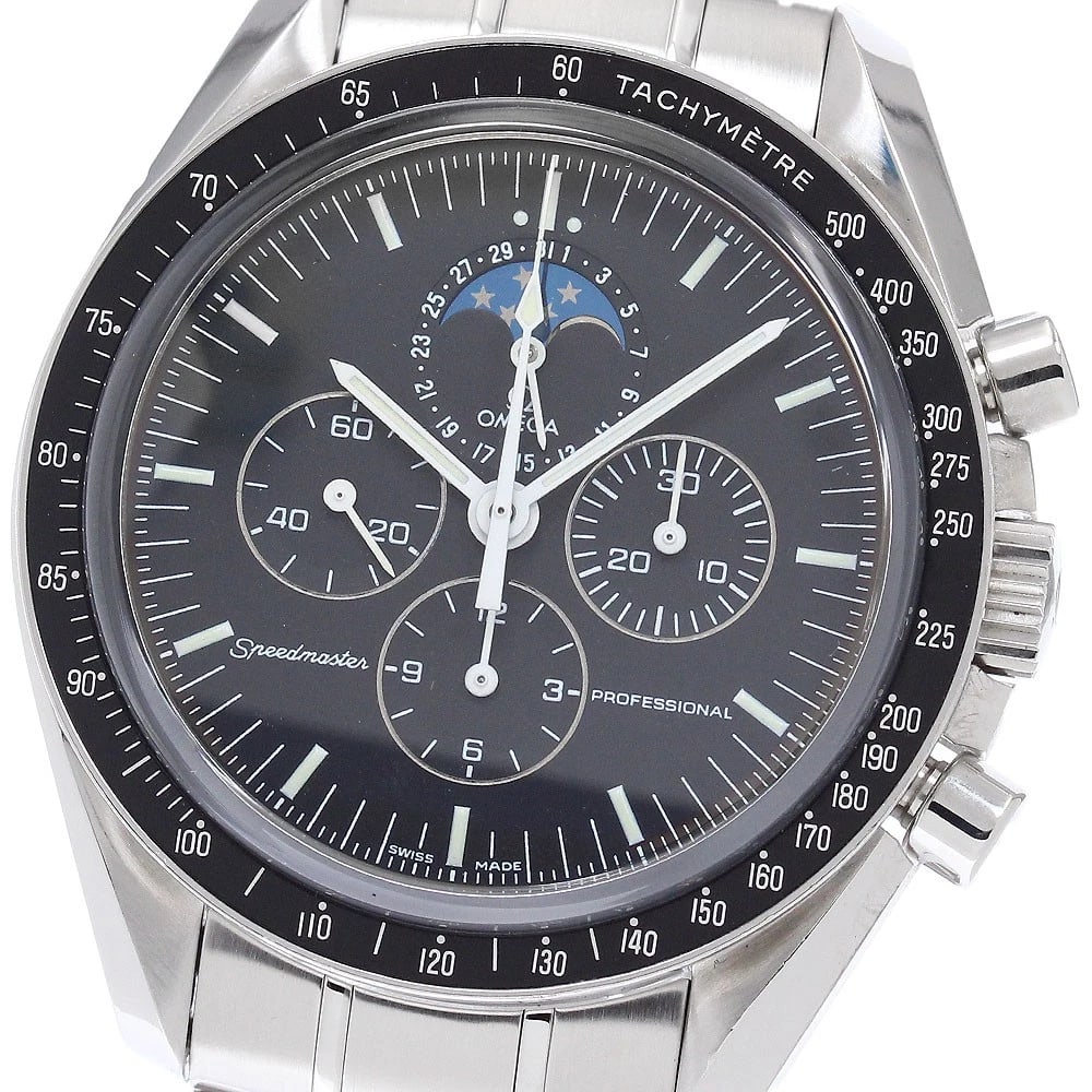 OMEGA SPEEDMASTER PROFESSIONAL STAINLESS STEEL WATCH: OMEGA Speedmaster Professional Stainless Steel Watch Brand: OMEGA Type/Style: Wristwatch Material: Band Material Stainless Steel, Case Material Stainless Steel Color: Dial Color black Band Color