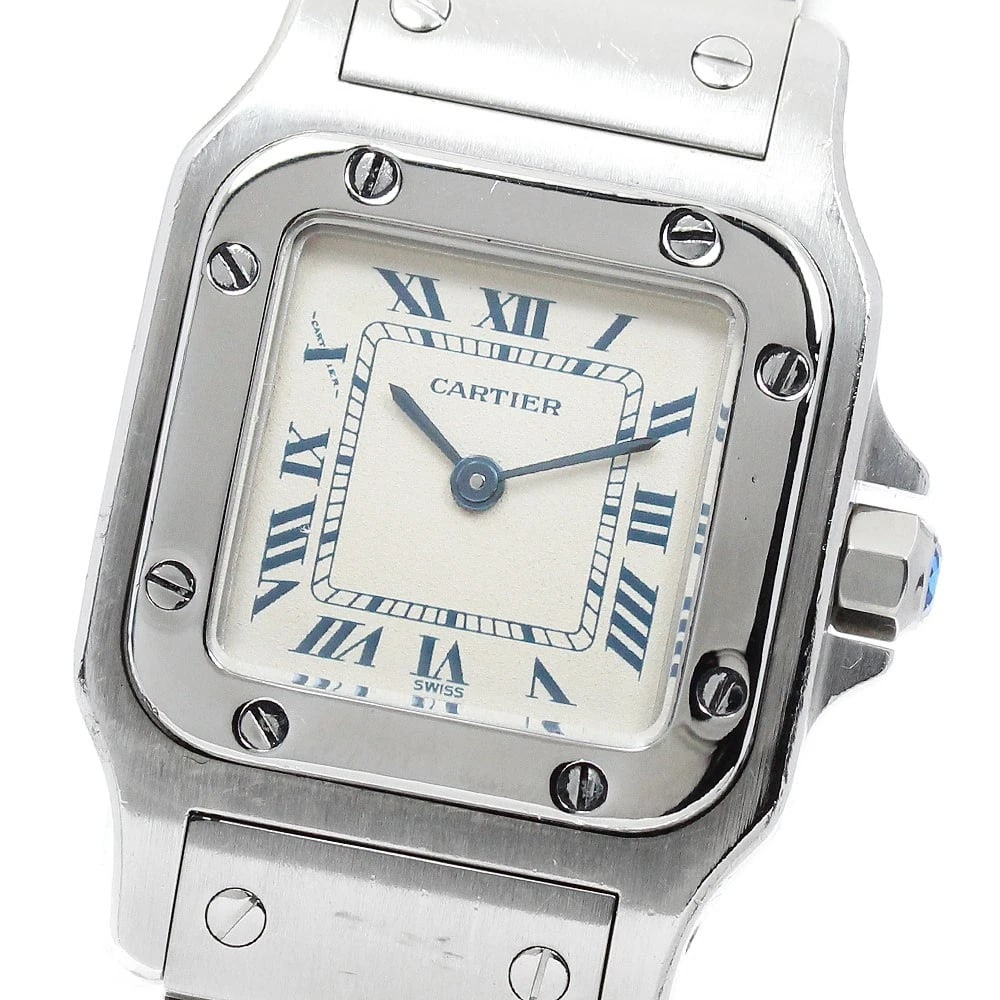CARTIER SANTOS GALBEE BEIGE QUARTZ WATCH: CARTIER Santos Galbee beige Quartz Watch Brand: CARTIER Type/Style: Wristwatch Material: Band Material Stainless Steel, Case Material Stainless Steel Color: Dial Color beige Band Color Silver Case Col