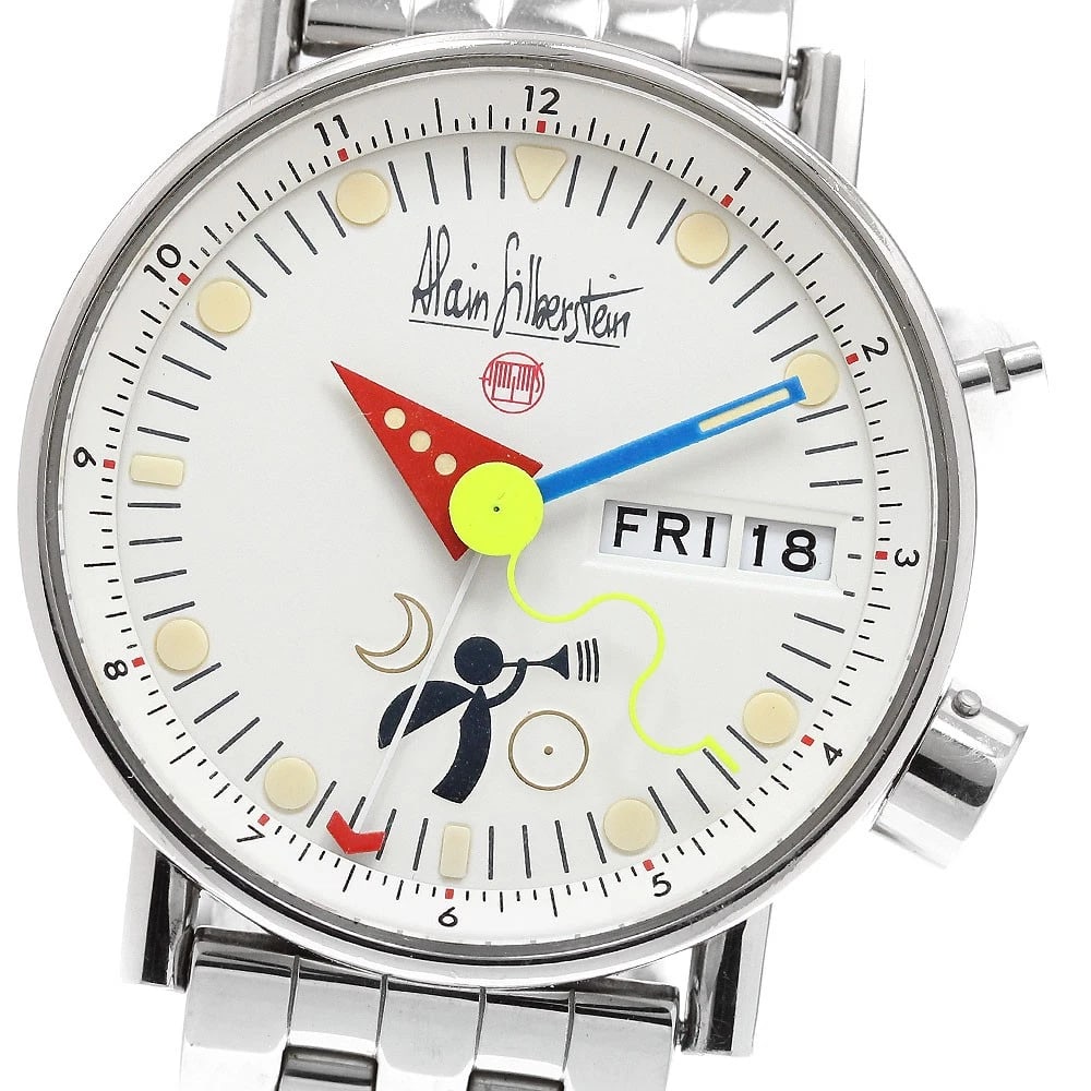 ALAIN SILBERSTEIN DATE AUTOMATIC WATCH: Alain Silberstein date Automatic Watch Brand: Alain Silberstein Type/Style: Wristwatch Material: Band Material Stainless Steel, Case Material Stainless Steel Color: Dial Color white Band Color Silver