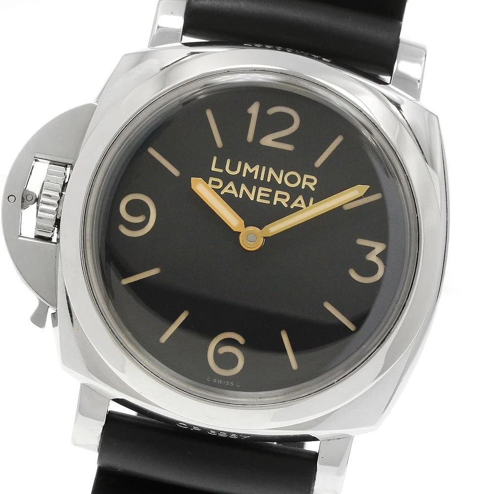 PANERAI LUMINOR STAINLESS STEEL WATCH: PANERAI Luminor Stainless Steel Watch Brand: PANERAI Type/Style: Wristwatch Material: Band Material rubber, Case Material Stainless Steel Color: Dial Color black Band Color black Case Color Silver Siz