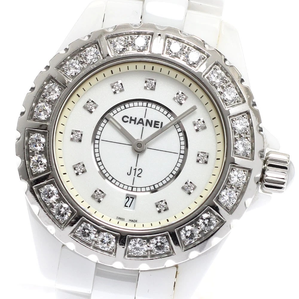 CHANEL J12 WHITE CERAMIC DIAMOND BEZEL DATE QUARTZ WATCH: CHANEL J12 White Ceramic Diamond Bezel Date Quartz Watch Brand: CHANEL Type/Style: Wristwatch Material: Band Material Stainless Steel / ceramic, Case Material Stainless Steel / ceramic Color: Dial