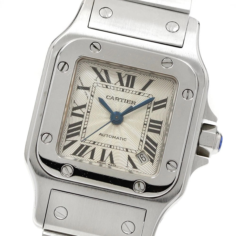 CARTIER SANTOS GALBEE DATE AUTOMATIC WATCH: CARTIER Santos Galbee Date Automatic Watch Brand: CARTIER Type/Style: Wristwatch Material: Band Material Stainless Steel, Case Material Stainless Steel Color: Dial Color Silver Band Color Silver Case