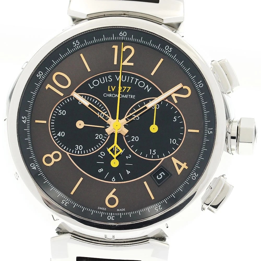 LOUIS VUITTON TAMBOUR CHRONOGRAPH AUTOMATIC WATCH: LOUIS VUITTON Tambour Chronograph Automatic Watch Brand: LOUIS VUITTON Type/Style: Wristwatch Material: Band Material Stainless Steel / Rubber, Case Material Stainless Steel Color: Dial Color Brown /