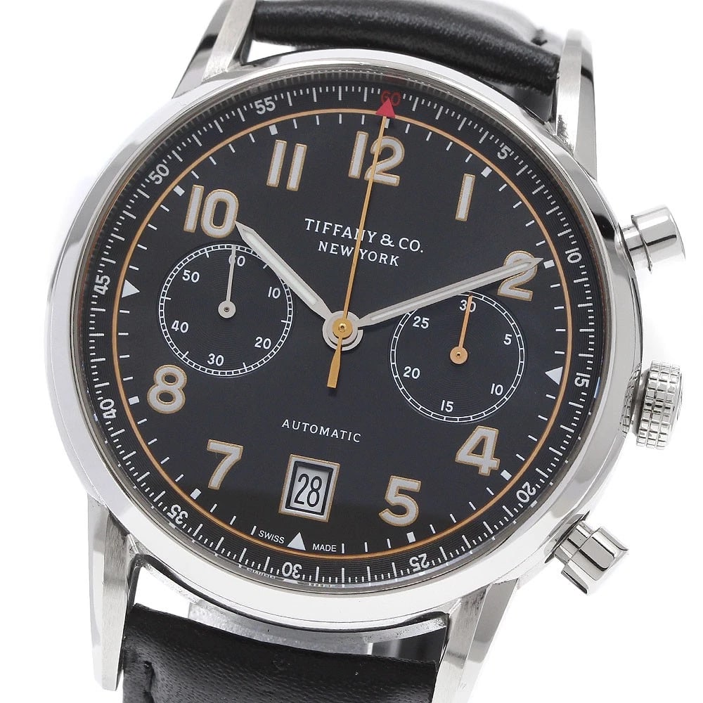 TIFFANY&CO CHRONOGRAPH DATE BLACK AUTOMATIC WATCH: TIFFANY&Co Chronograph Date black Automatic Watch Brand: TIFFANY&Co. Type/Style: Wristwatch Material: Band Material leather, Case Material Stainless Steel Color: Dial Color black Band Color black