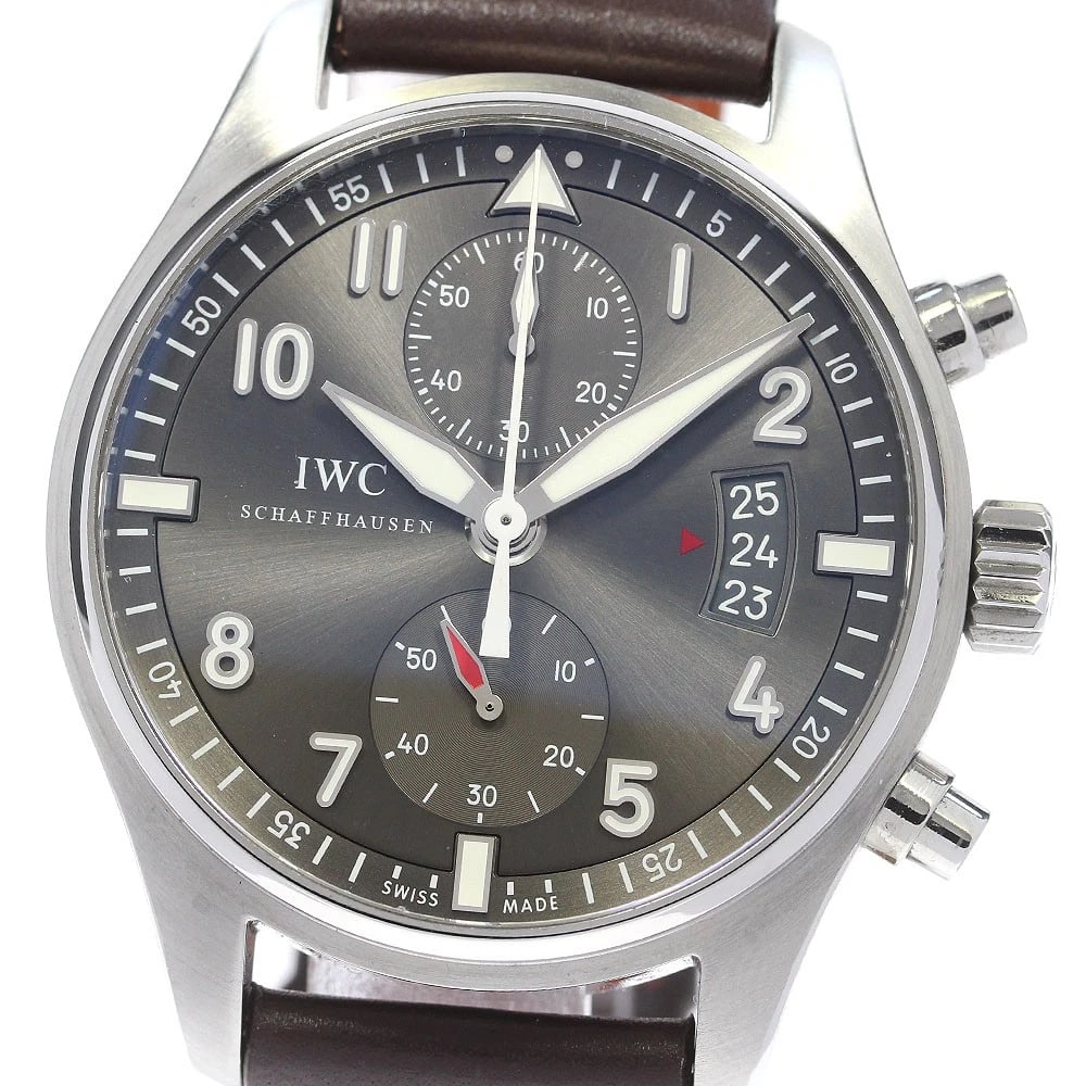 IWC SCHAFFHAUSEN PILOT WATCH CHRONOGRAPH WATCH: IWC SCHAFFHAUSEN Pilot watch Chronograph Watch Brand: IWC SCHAFFHAUSEN Type/Style: Wristwatch Material: Band Material leather, Case Material Stainless Steel Color: Dial Color gray Band Color Brown Cas