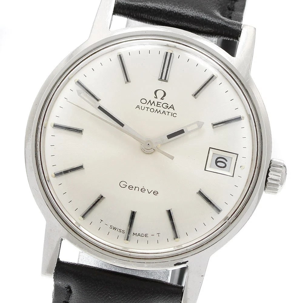OMEGA GENEVE DATE SILVER AUTOMATIC WATCH: OMEGA Geneve Date Silver Automatic Watch Brand: OMEGA Type/Style: Wristwatch Material: Band Material leather, Case Material Stainless Steel Color: Case Color Silver Band Color black Dial Color Silver 