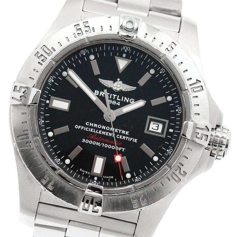 BREITLING AVENGER DATE BLACK AUTOMATIC WATCH: BREITLING Avenger Date Black Automatic Watch Brand: BREITLING Type/Style: Wristwatch Material: Band Material Stainless Steel, Case Material Stainless Steel Color: Dial Color black Band Color Silver