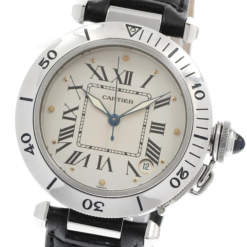 CARTIER PASHA DATE BEIGE AUTOMATIC WATCH: CARTIER Pasha Date beige Automatic Watch Brand: CARTIER Type/Style: Wristwatch Material: Band Material leather, Case Material Stainless Steel Color: Case Color Silver Band Color black Dial Color
