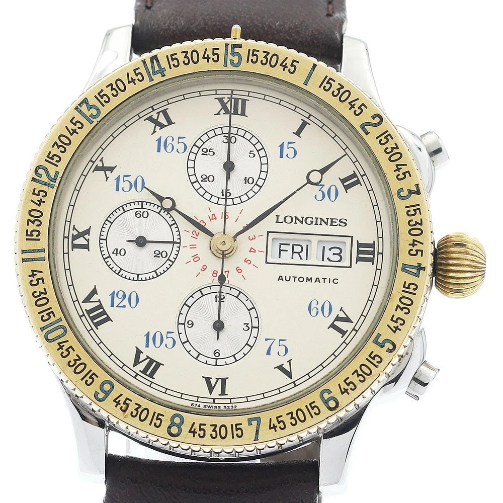 LONGINES DATE CHRONOGRAPH AUTOMATIC WATCH: LONGINES Date Chronograph Automatic Watch Brand: LONGINES Type/Style: Wristwatch Material: Band Material leather, Case Material Stainless Steel/Gold Plated Color: Dial Color beige Band Color Brown