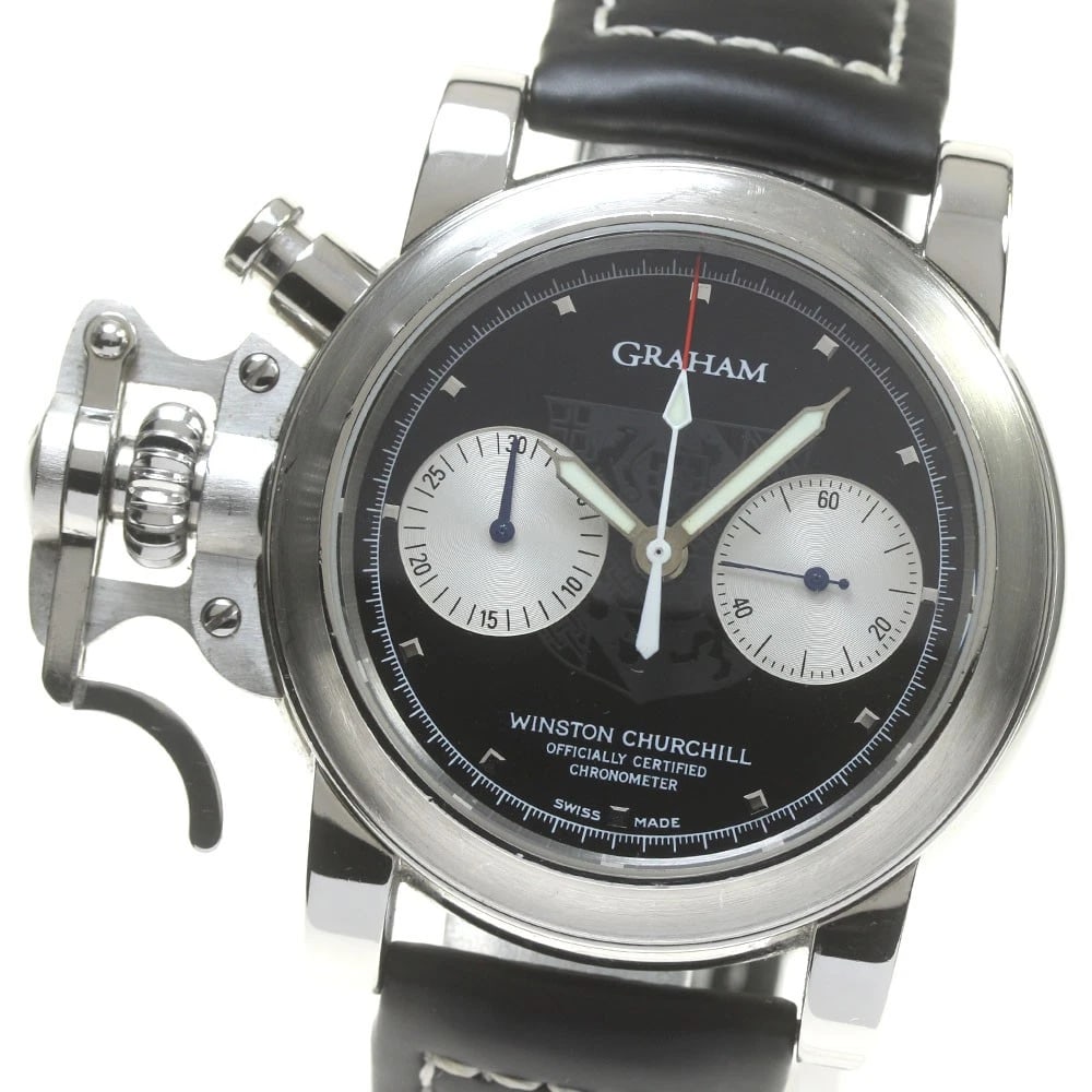 GRAHAM CHRONO AUTOMATIC WATCH: GRAHAM Chrono Automatic Watch Brand: GRAHAM Type/Style: Wristwatch Material: Band Material leather, Case Material Stainless Steel Color: Dial Color black Band Color black Case Color Silver Size: Case