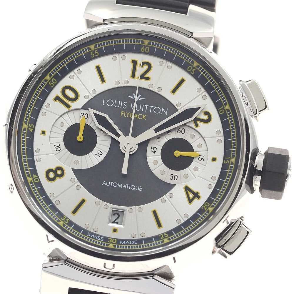 LOUIS VUITTON TAMBOUR CHRONO AUTOMATIC WATCH: LOUIS VUITTON Tambour Chrono Automatic Watch Brand: LOUIS VUITTON Type/Style: Wristwatch Material: Band Material rubber, Case Material Stainless Steel Color: Case Color Silver Band Color black Dial Co