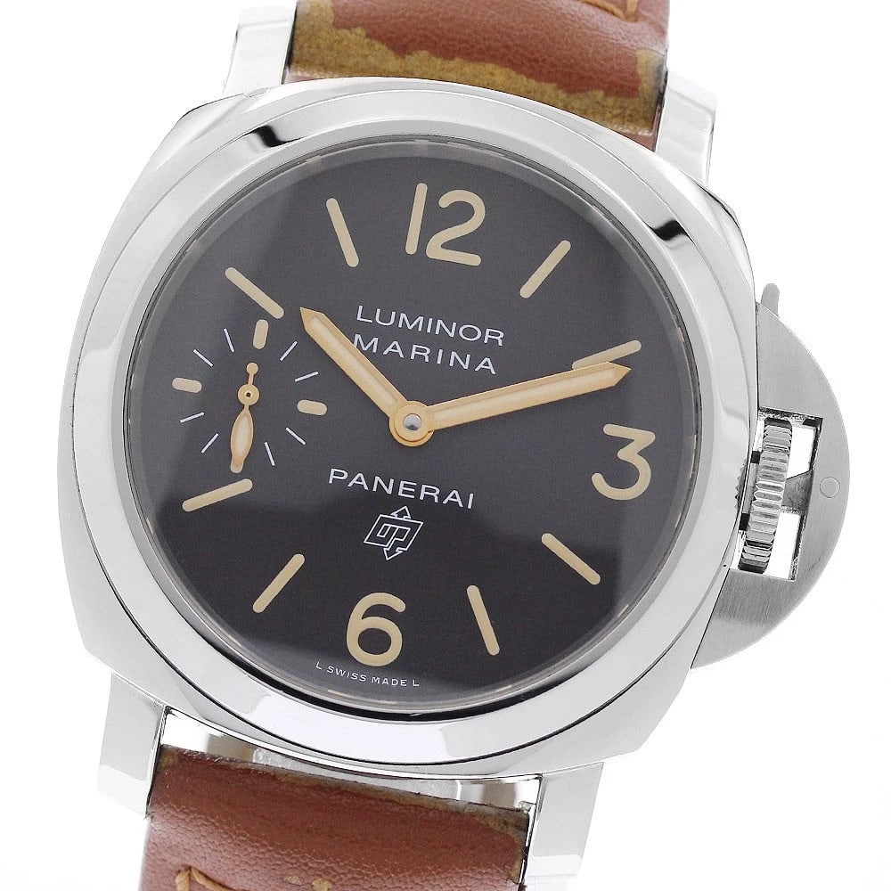 PANERAI LUMINOR MARINA STAINLESS STEEL WATCH: PANERAI Luminor Marina Stainless Steel Watch Brand: PANERAI Type/Style: Wristwatch Material: Band Material leather, Case Material Stainless Steel Color: Dial Color Dark brown Band Color Brown Case Col