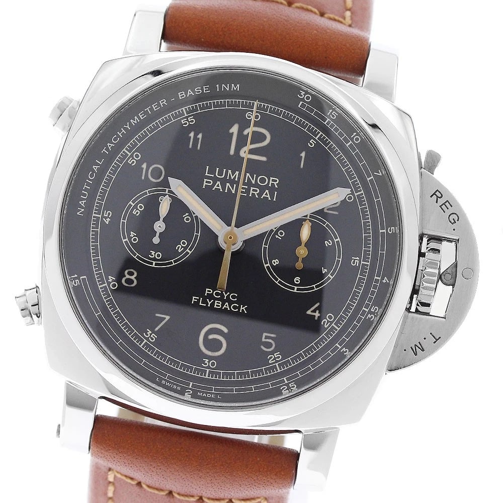 PANERAI LUMINOR STAINLESS STEEL WATCH: PANERAI Luminor Stainless Steel Watch Brand: PANERAI Type/Style: Wristwatch Material: Band Material leather, Case Material Stainless Steel Color: Dial Color black Band Color Brown Case Color Silver Si