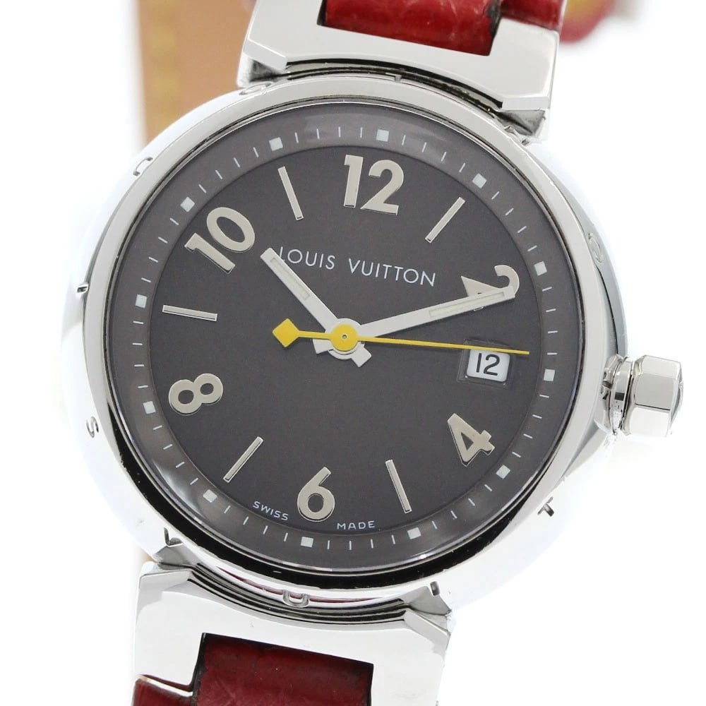 LOUIS VUITTON TAMBOUR DATE BROWN QUARTZ WATCH: LOUIS VUITTON Tambour Date Brown Quartz Watch Brand: LOUIS VUITTON Type/Style: Wristwatch Material: Band Material leather, Case Material Stainless Steel Color: Case Color Silver Band Color Brown Dial