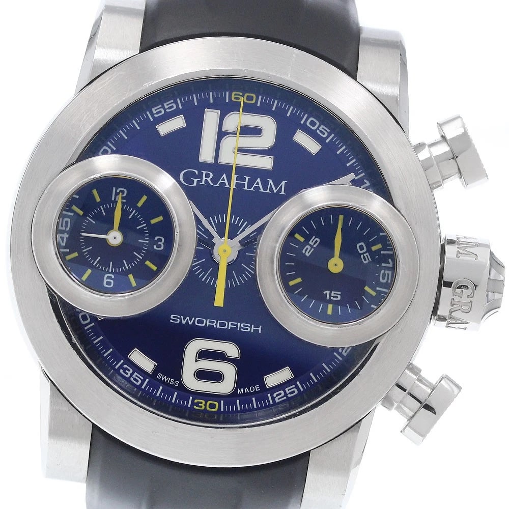 GRAHAM CHRONOGRAPH BLUE AUTOMATIC WATCH: GRAHAM Chronograph blue Automatic Watch Brand: GRAHAM Type/Style: Wristwatch Material: Band Material rubber, Case Material Stainless Steel Color: Case Color Silver Band Color black Dial Color blue