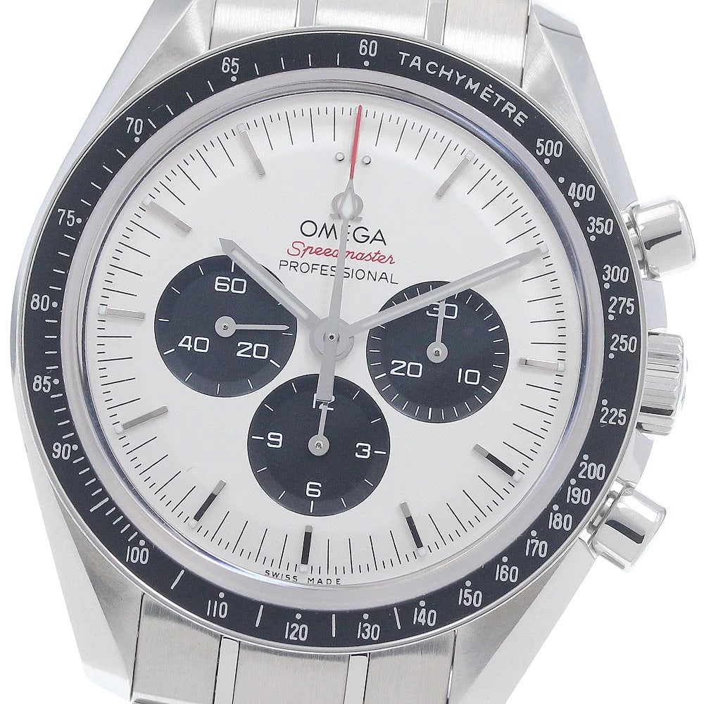 OMEGA SPEEDMASTER STAINLESS STEEL WATCH: OMEGA Speedmaster Stainless Steel Watch Brand: OMEGA Type/Style: Wristwatch Material: Band Material Stainless Steel, Case Material Stainless Steel Color: Dial Color Silver / Black Band Color Silver Ca