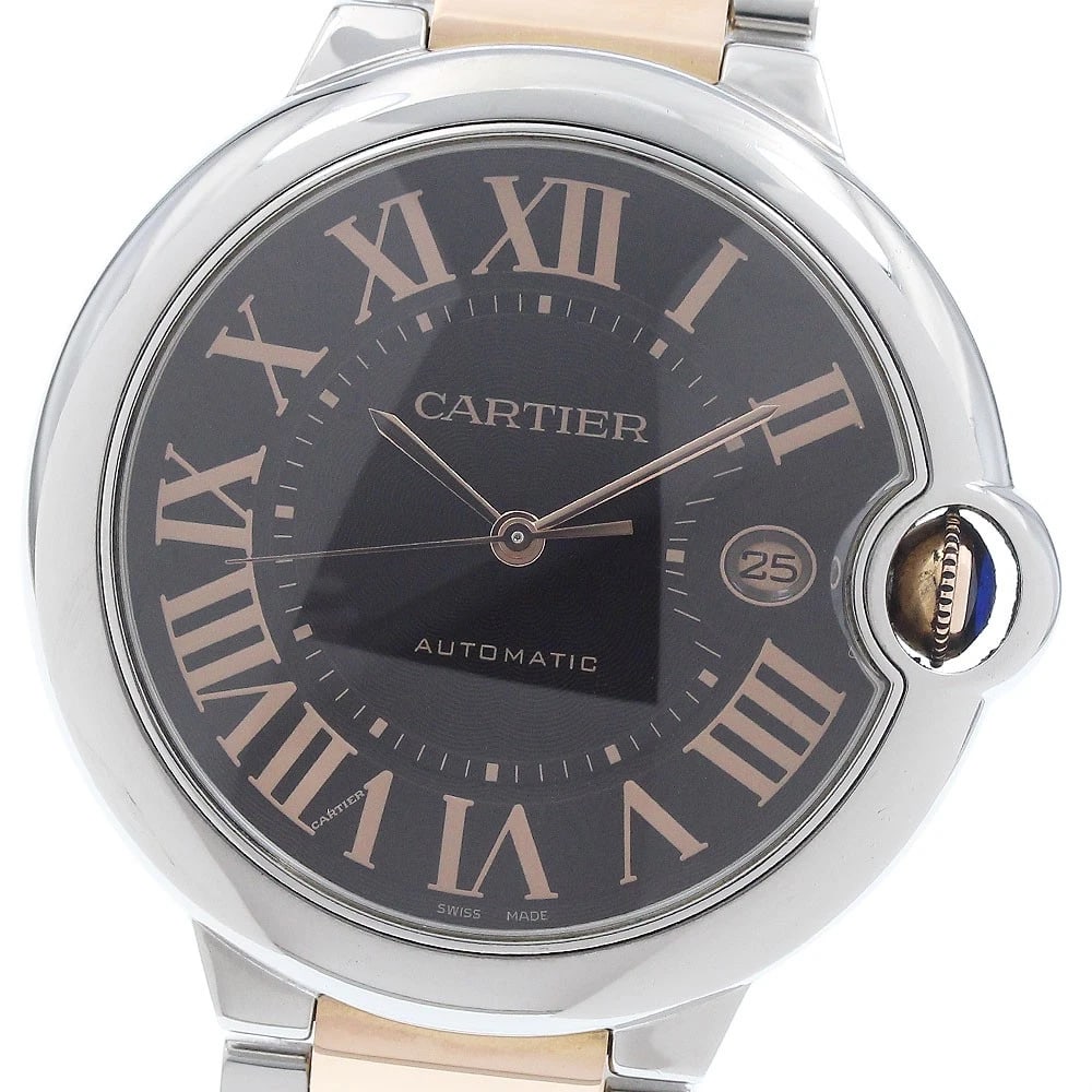 CARTIER BARON BLUE DATE BROWN AUTOMATIC WATCH: CARTIER Baron Blue Date Brown Automatic Watch Brand: CARTIER Type/Style: Wristwatch Material: Band Material stainless steel/PG, Case Material stainless steel Color: Case Color Silver Band Color