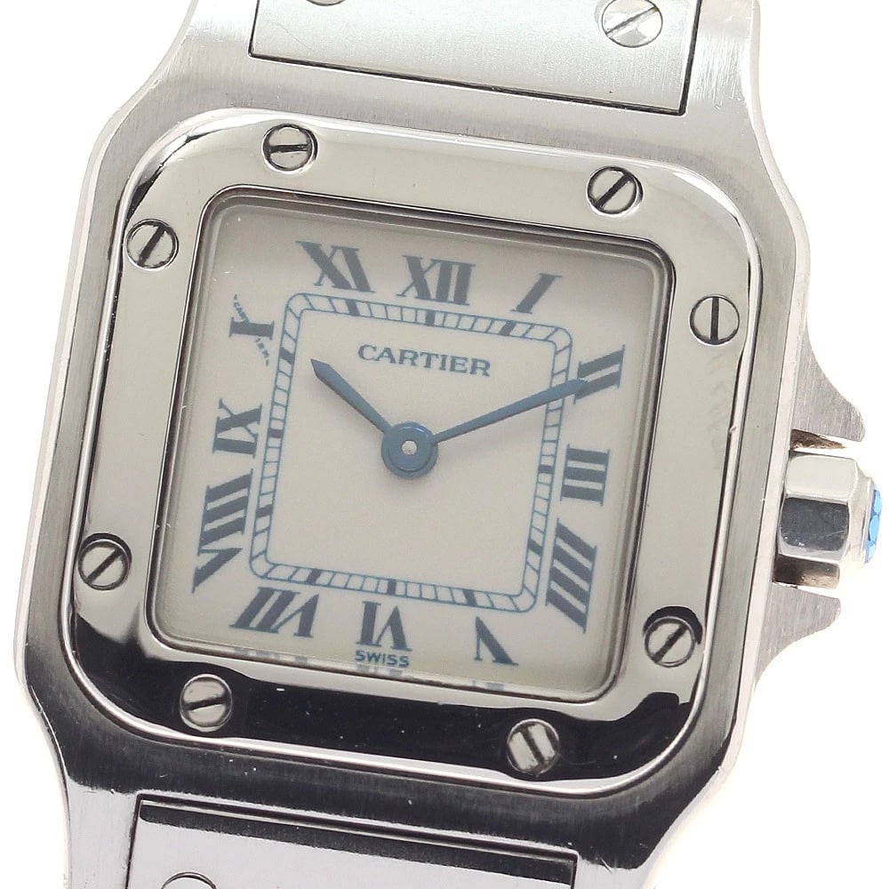 CARTIER SANTOS GALBEE BEIGE QUARTZ WATCH: CARTIER Santos Galbee beige Quartz Watch Brand: CARTIER Type/Style: Wristwatch Material: Band Material Stainless Steel, Case Material Stainless Steel Color: Case Color Silver Band Color Silver Dial Co