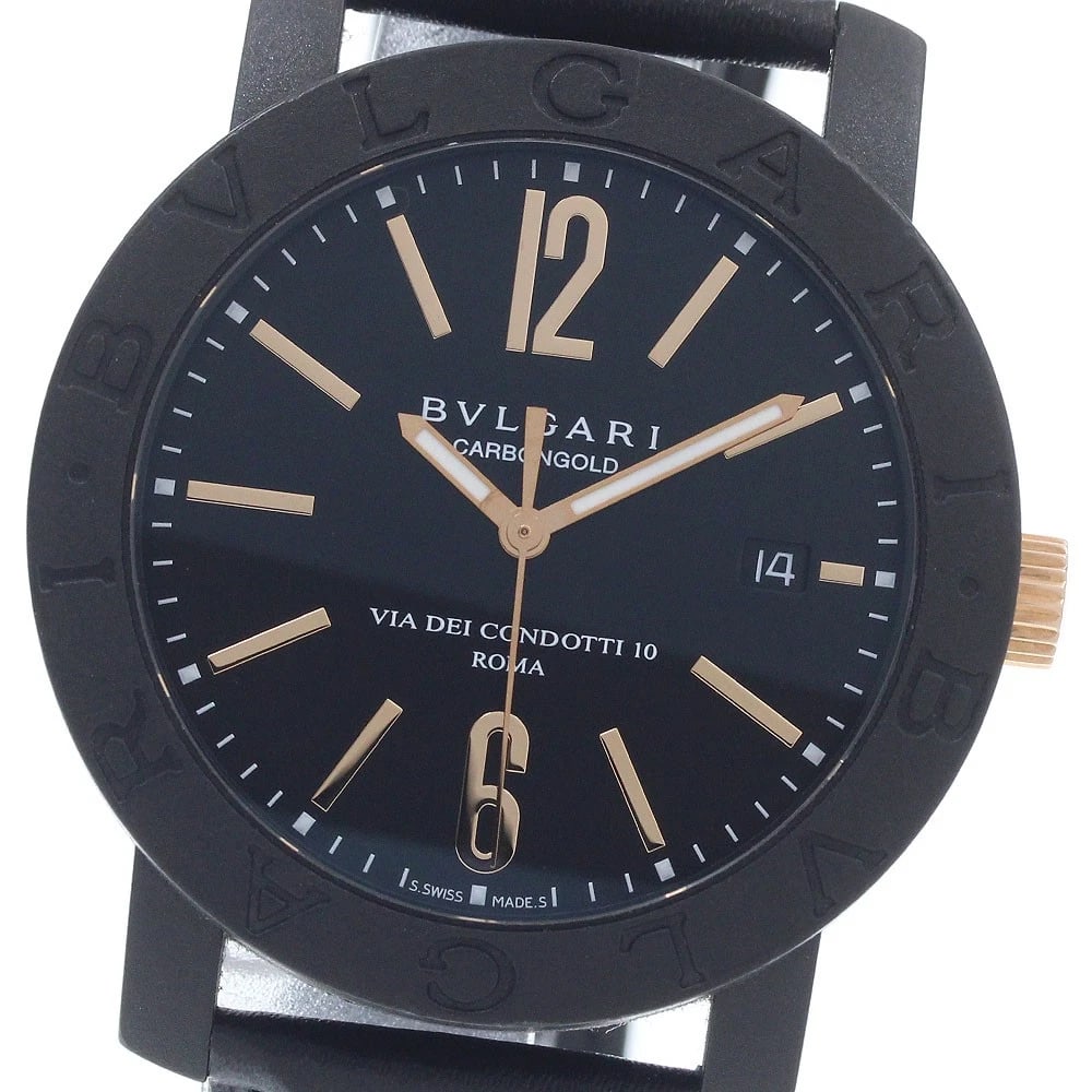 BVLGARI CARBON GOLD DATE AUTOMATIC WATCH: BVLGARI Carbon Gold Date Automatic Watch Brand: BVLGARI Type/Style: Wristwatch Material: Band Material leather, Case Material carbon Color: Case Color black Band Color black Dial Color black Size: