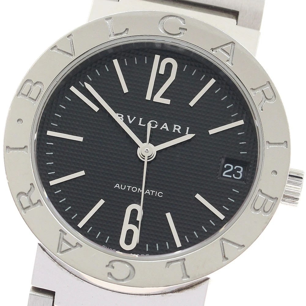BVLGARI DATE BLACK AUTOMATIC WATCH: BVLGARI Date black Automatic Watch Brand: BVLGARI Type/Style: Wristwatch Material: Band Material Stainless Steel, Case Material Stainless Steel Color: Dial Color black Band Color Silver Case Color