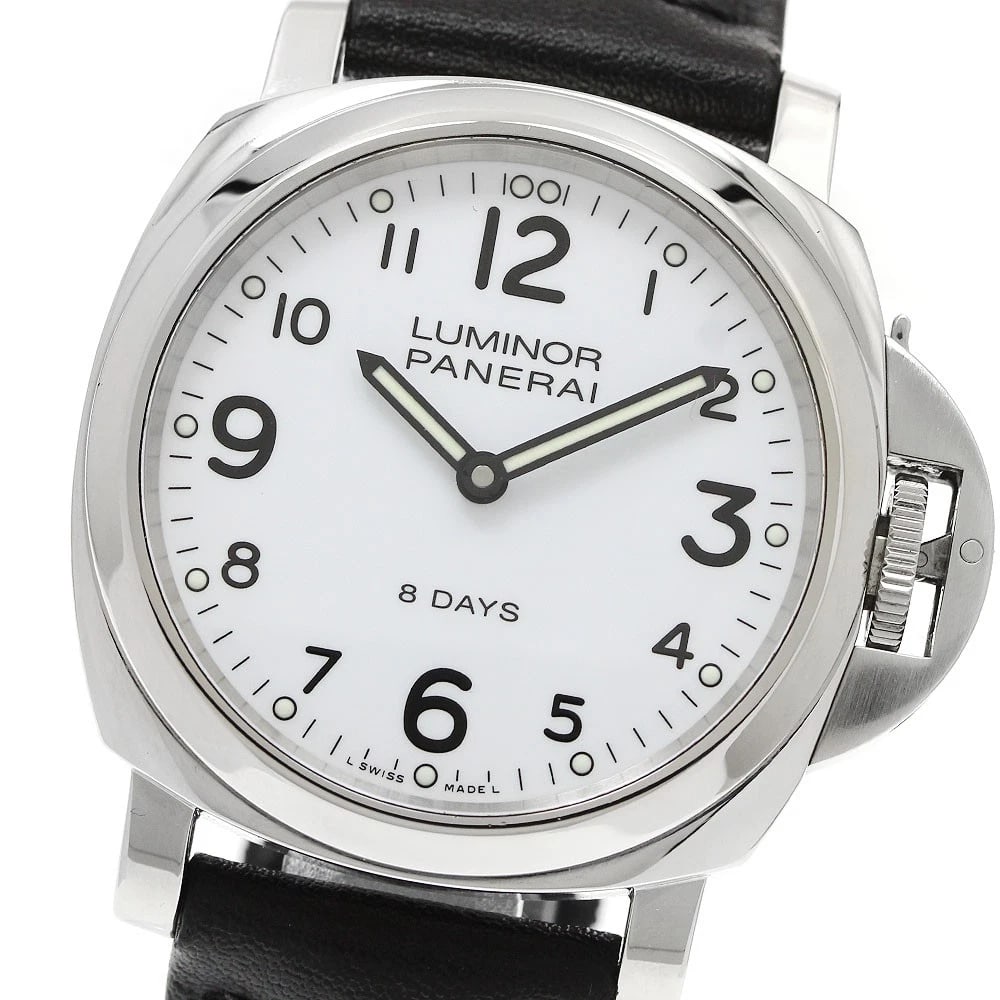 PANERAI LUMINOR STAINLESS STEEL WATCH: PANERAI Luminor Stainless Steel Watch Brand: PANERAI Type/Style: Wristwatch Material: Band Material leather, Case Material Stainless Steel Color: Dial Color white Band Color black Case Color Silver