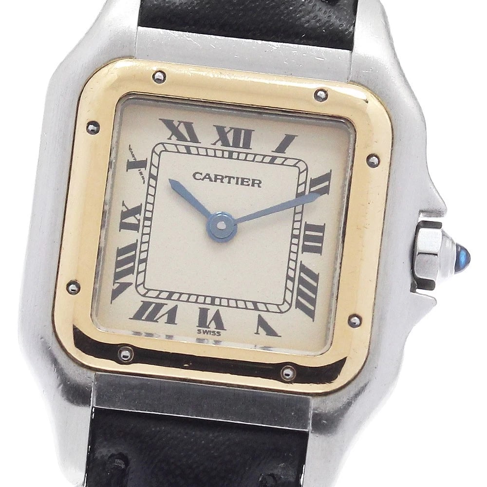CARTIER PANTHERE BEIGE QUARTZ WATCH: CARTIER PANTHERE Beige Quartz Watch Brand: CARTIER Type/Style: Wristwatch Material: Band Material leather, Case Material Stainless Steel/YG Color: Case Color Silver / Gold Band Color black Dial Color