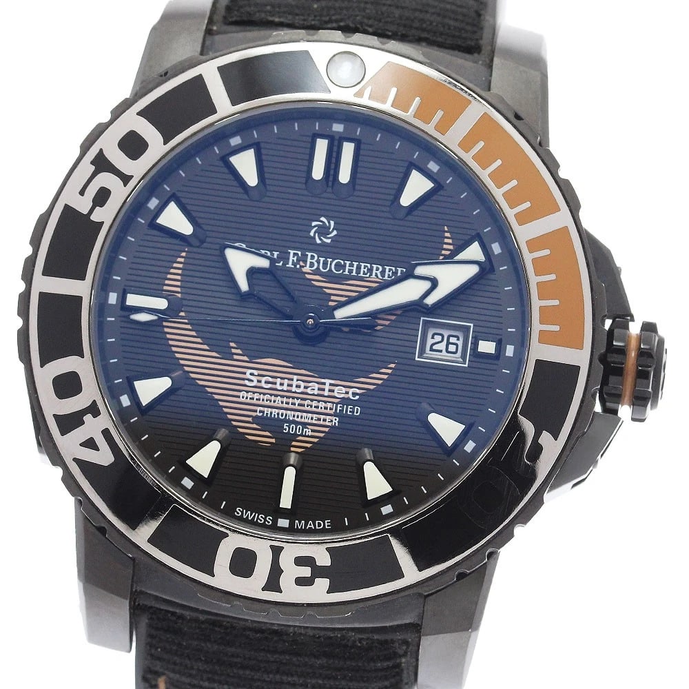 CARL F.BUCHERER DATE AUTOMATIC WATCH: CARL F.BUCHERER Date Automatic Watch Brand: CARL F.BUCHERER Type/Style: Wristwatch Material: Band Material Rubber / nylon, Case Material titanium Color: Case Color black Band Color black Dial Color
